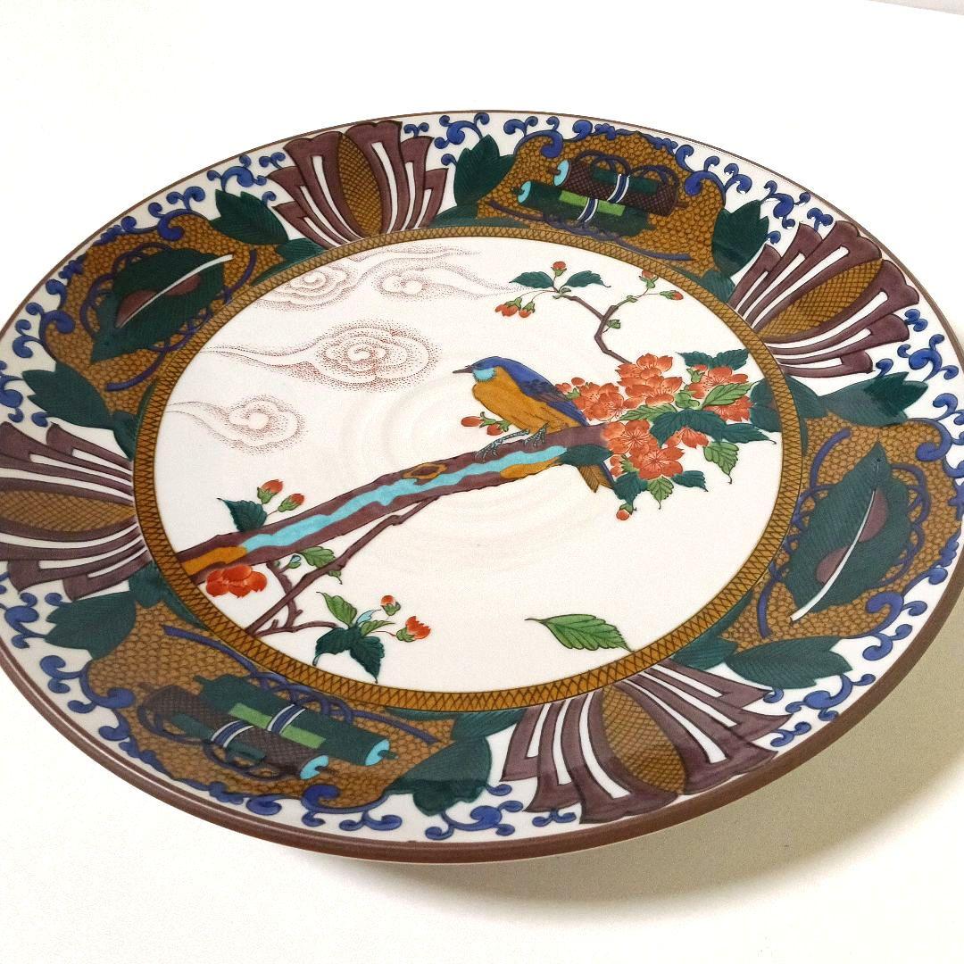美品 九谷焼 九谷仙龍 大皿 飾皿 古九谷花鳥（皿立付）30cm