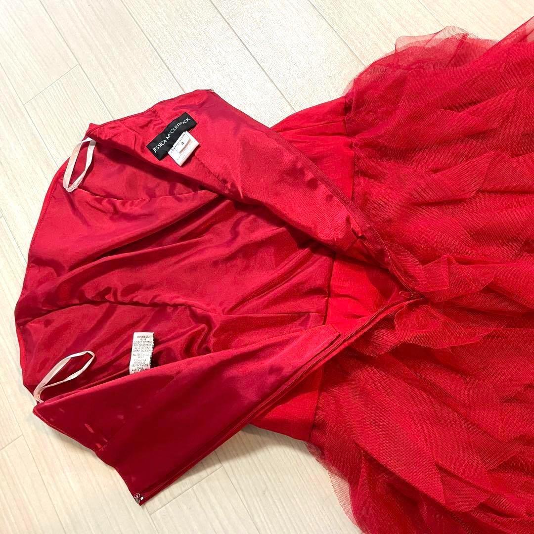 ジェシカマクリントック　パーティドレス　レッド フリル　ストラップレスロングS