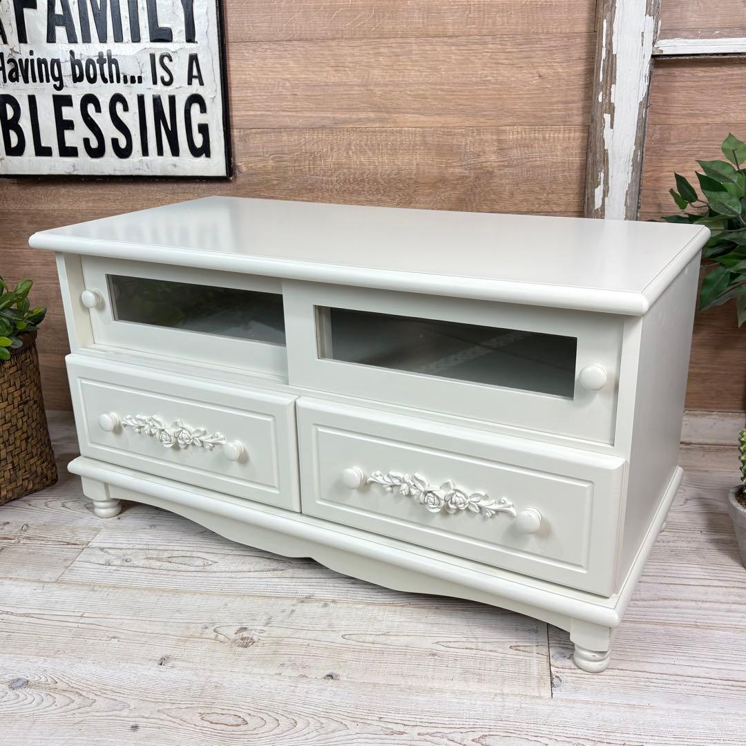 フレンチカントリー北欧調ホワイトガラステレビ台サイドボード飾り棚チェスト収納家具 フレンチカントリー北欧調ホワイトガラステレビ台サイドボード飾り棚