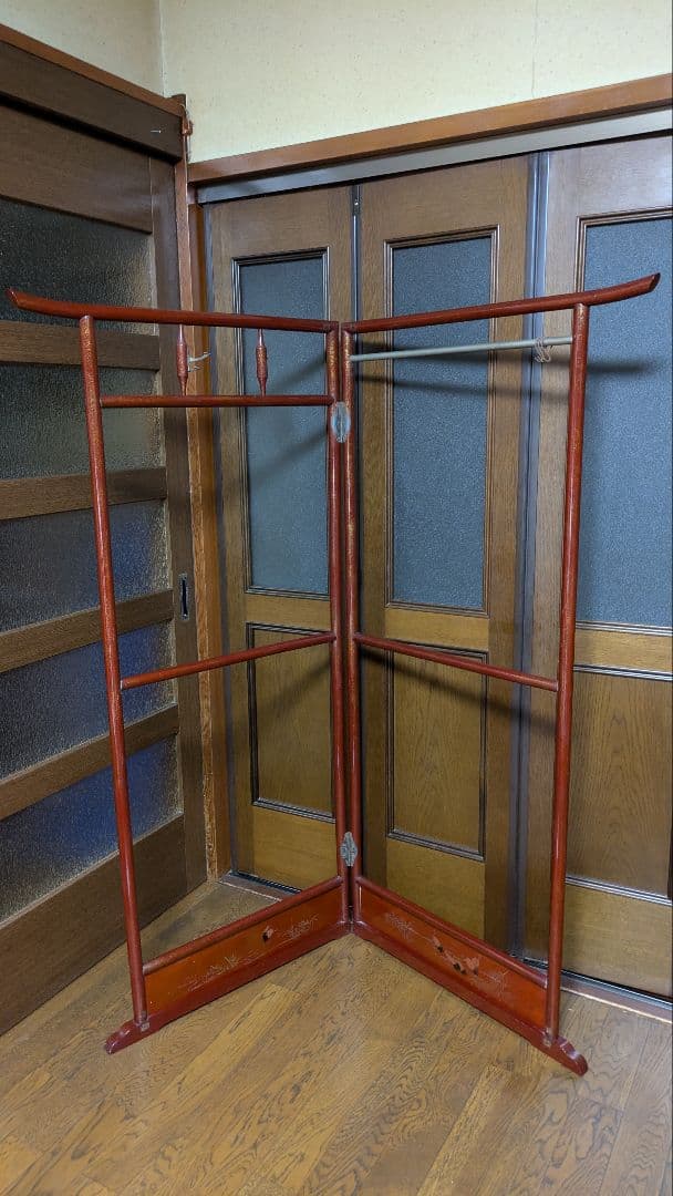 ③【昭和レトロ】木製 衣紋掛け ハンガーラック 折り畳み式 古道具 古