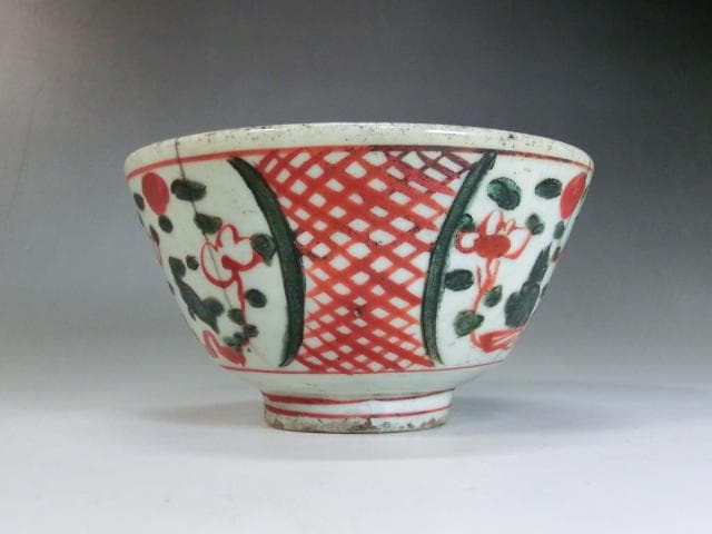 茶碗□呉須赤絵 窓柄絵花唐草鉢 魁 お茶道具 古玩 古美術