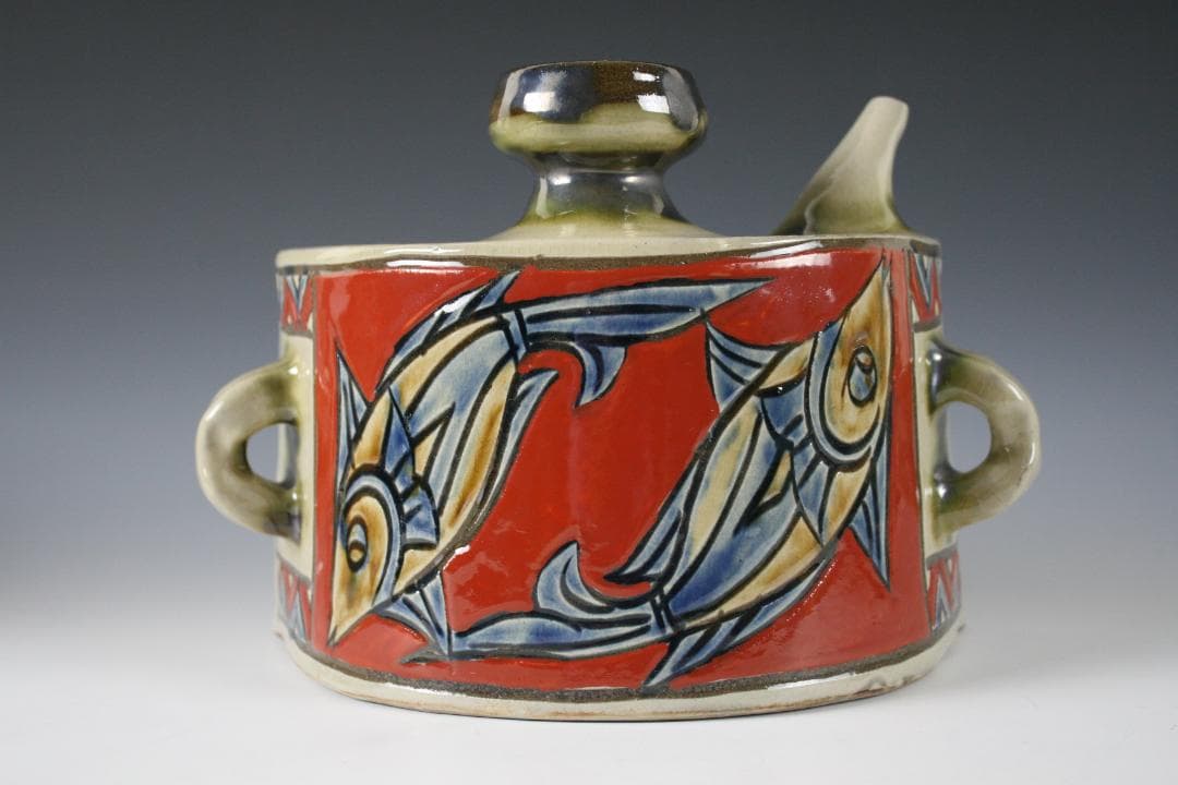 壺屋焼 金城敏幸 赤絵双魚文抱瓶（大） ▽金城次郎▽壷 花瓶