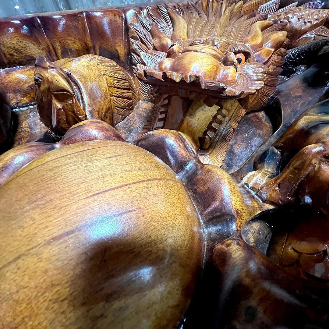 希少】中国美術 干支 テーブル アンティーク 彫刻 木彫 ガラス天板 縁起物