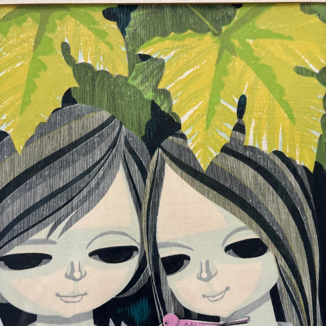 池田修三 「あかいとり」 木版画1976年制作 額入り直筆サイン 人物画希少