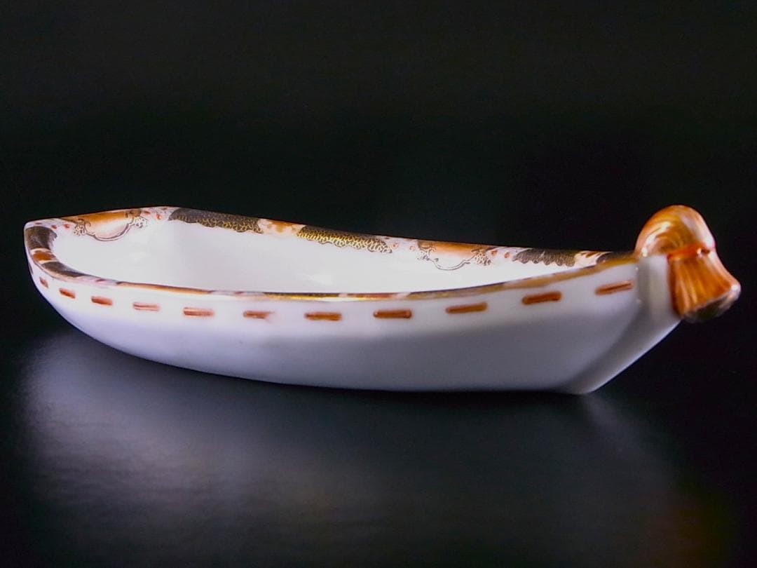 E399 】 超名品明治期瀬戸焼上手作品川本桝吉作品超細密武士文舟形皿