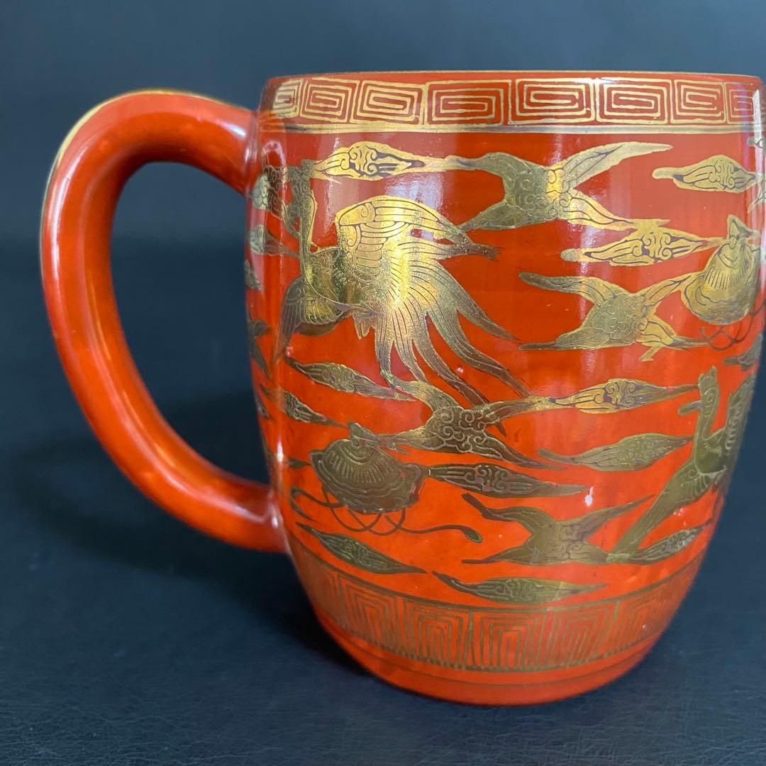 蔵出し昭和初期九谷焼 マグカップ 戦前輸出用 金彩色絵 花詰レトロ 希少