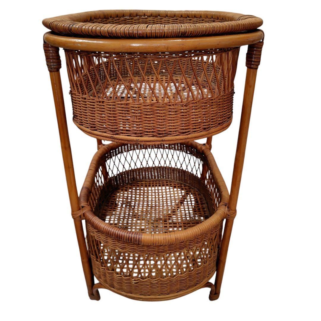 【ヴィンテージ】籐 ラタン ランドリーラック脱衣かご2段家具インテリア昭和レトロ