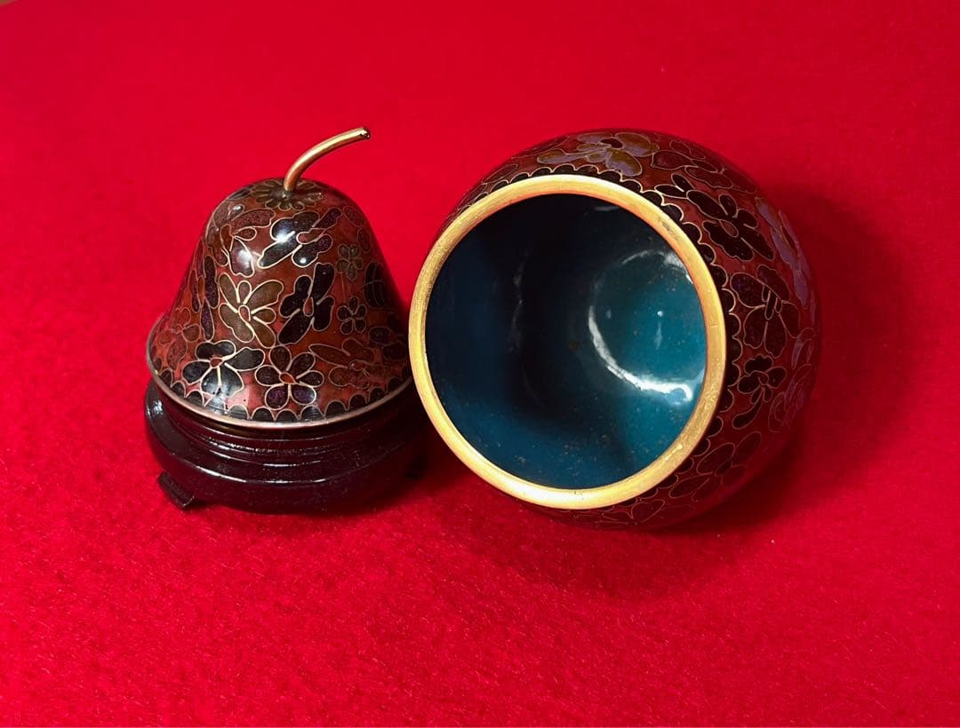 中國美術 景泰蓝 七宝焼 梨香合 香道具 台座付き