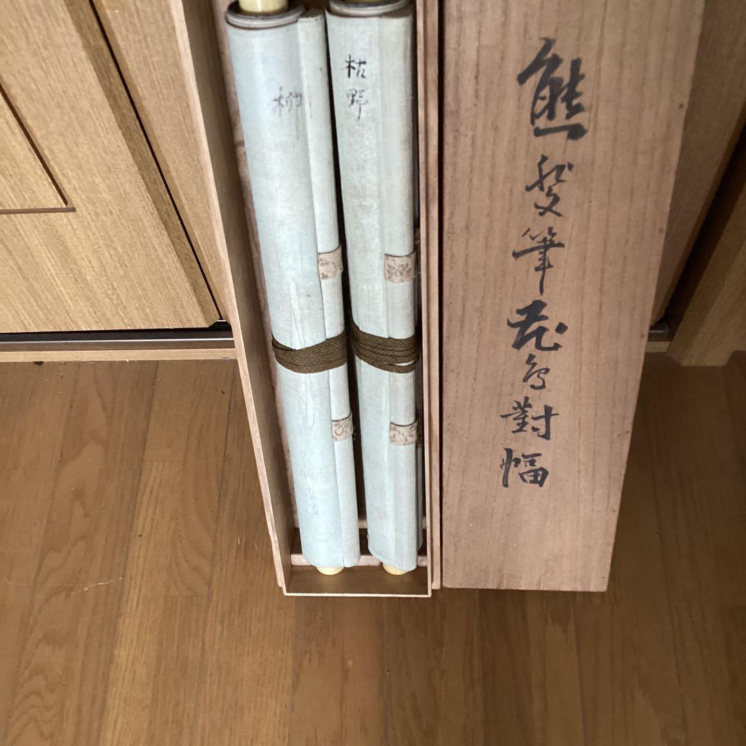 熊代熊斐 彩色画 絹本【花鳥画 叭 叭 鳥 双幅 】 肉筆画 保存箱