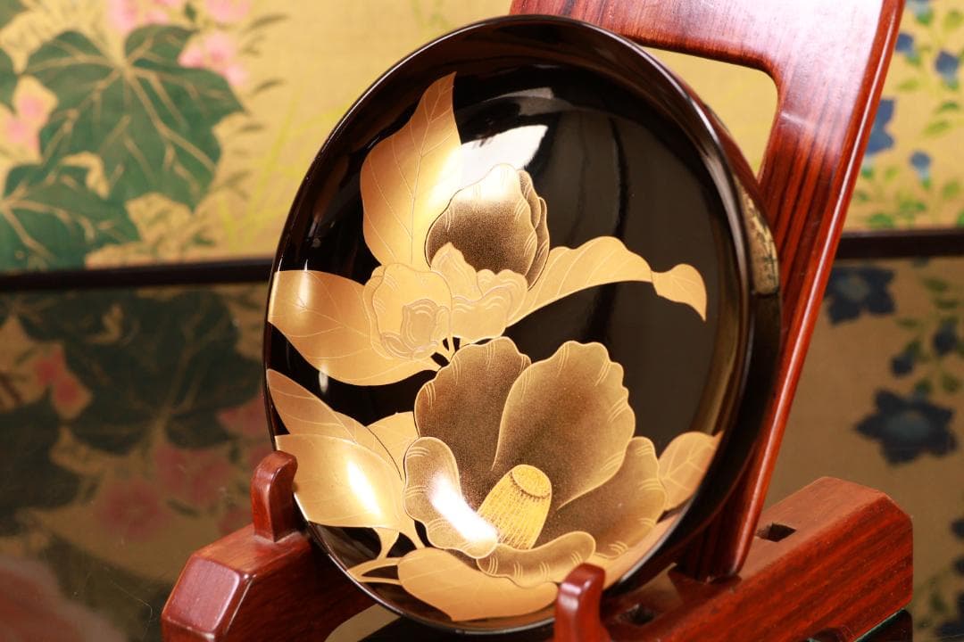 BJ091 時代輪島塗 椿図研ぎ出し蒔絵 吸物椀 二客 木製 梨地 細密