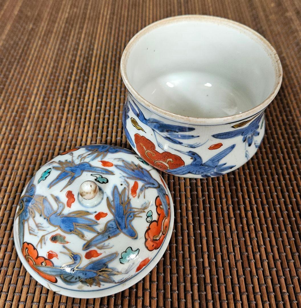 江戸時代後期 古伊万里 染錦 雲鶴 15羽図 蓋付 キャンディーポット