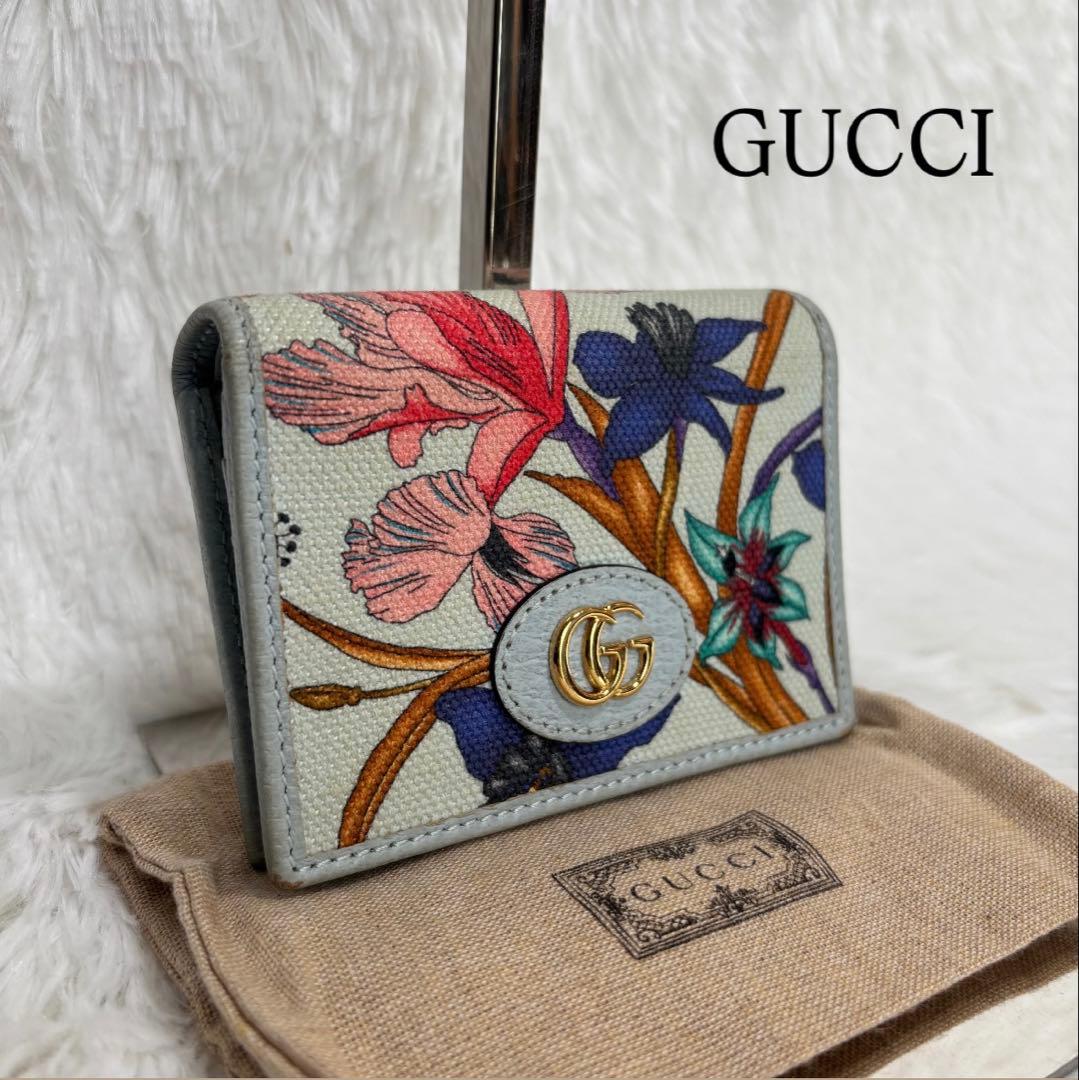 ✨美品✨ グッチ マーモント フローラ 二つ折り財布 花 水色 フラワー
