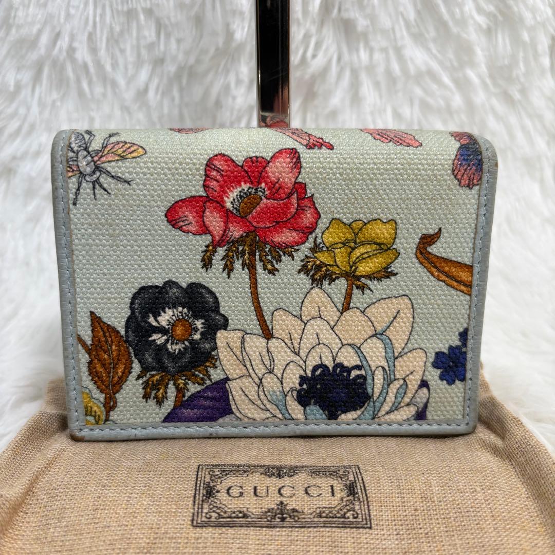 ✨美品✨ グッチ マーモント フローラ 二つ折り財布 花 水色 フラワー