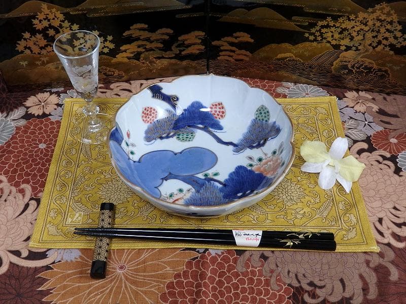 古伊万里染付三蓋松に牡丹の図大膾皿2客江戸期B231AS-CAj