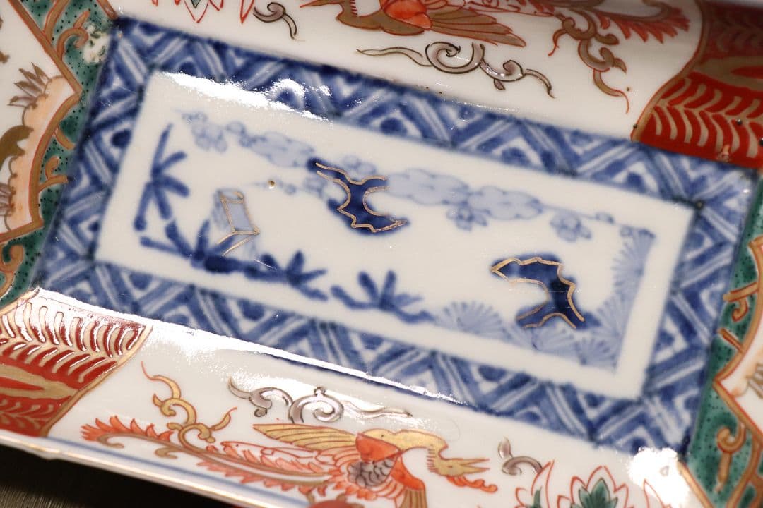 CM51】古伊万里 色絵 長方刺身皿 角皿 五客 桐鳳凰 松竹梅 扇面