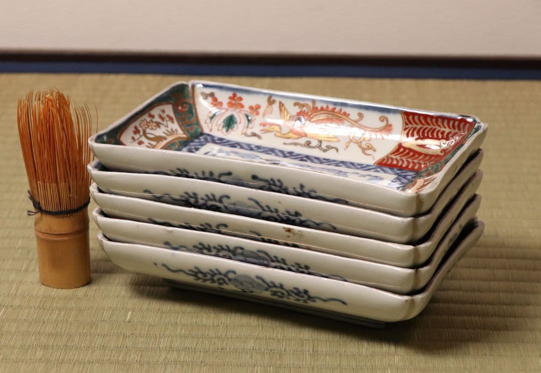 CM51】古伊万里 色絵 長方刺身皿 角皿 五客 桐鳳凰 松竹梅 扇面