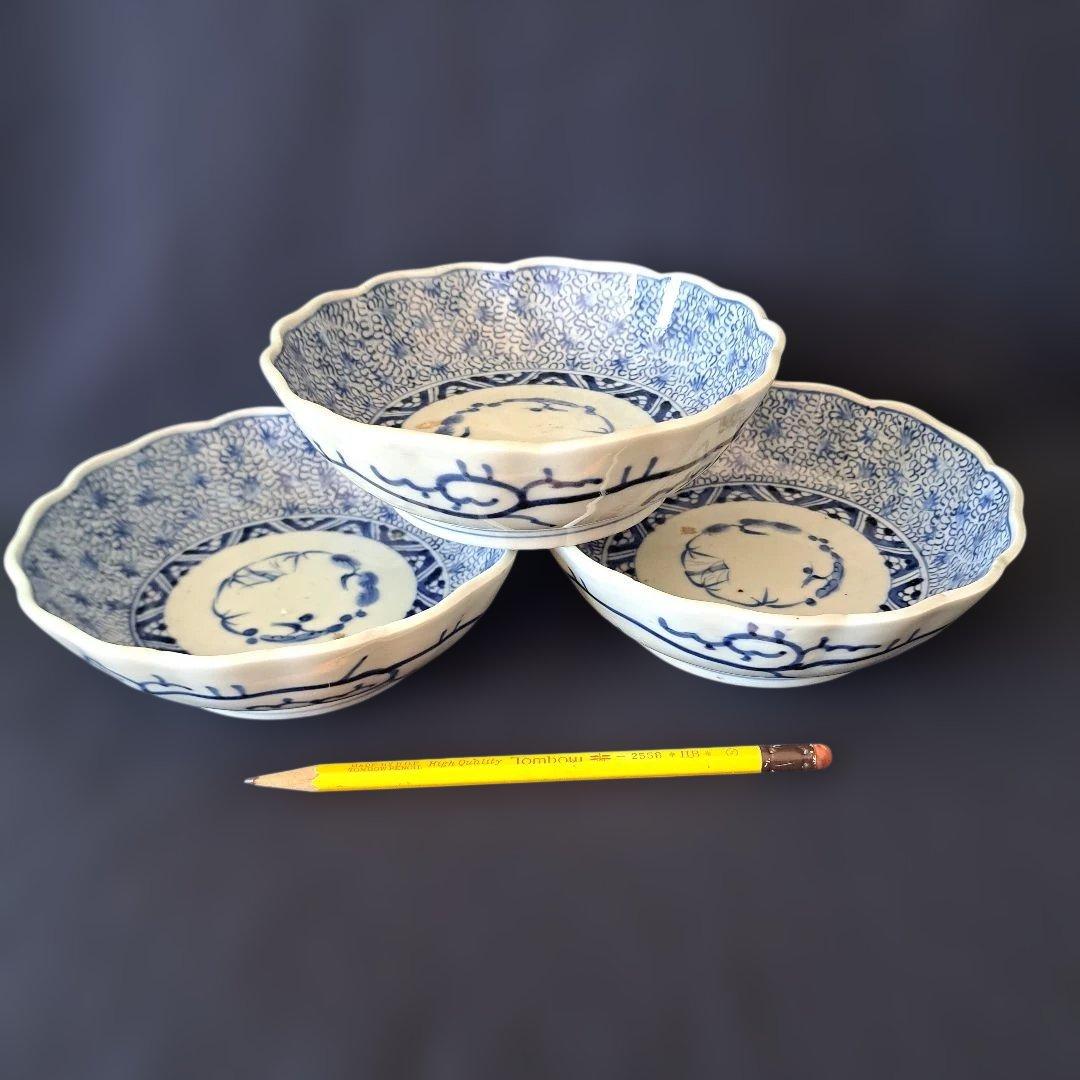 人気の微塵(みじん)唐草文」 古伊万里皿(直径15.5cm) 3客セット 骨董