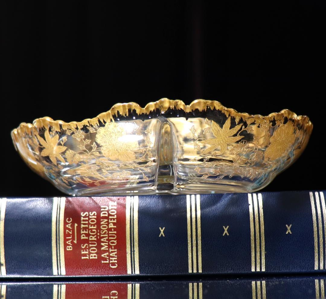 オールド・バカラ 珍品 金彩花柄 トレー 仕切り 小物入れ グラヴュール