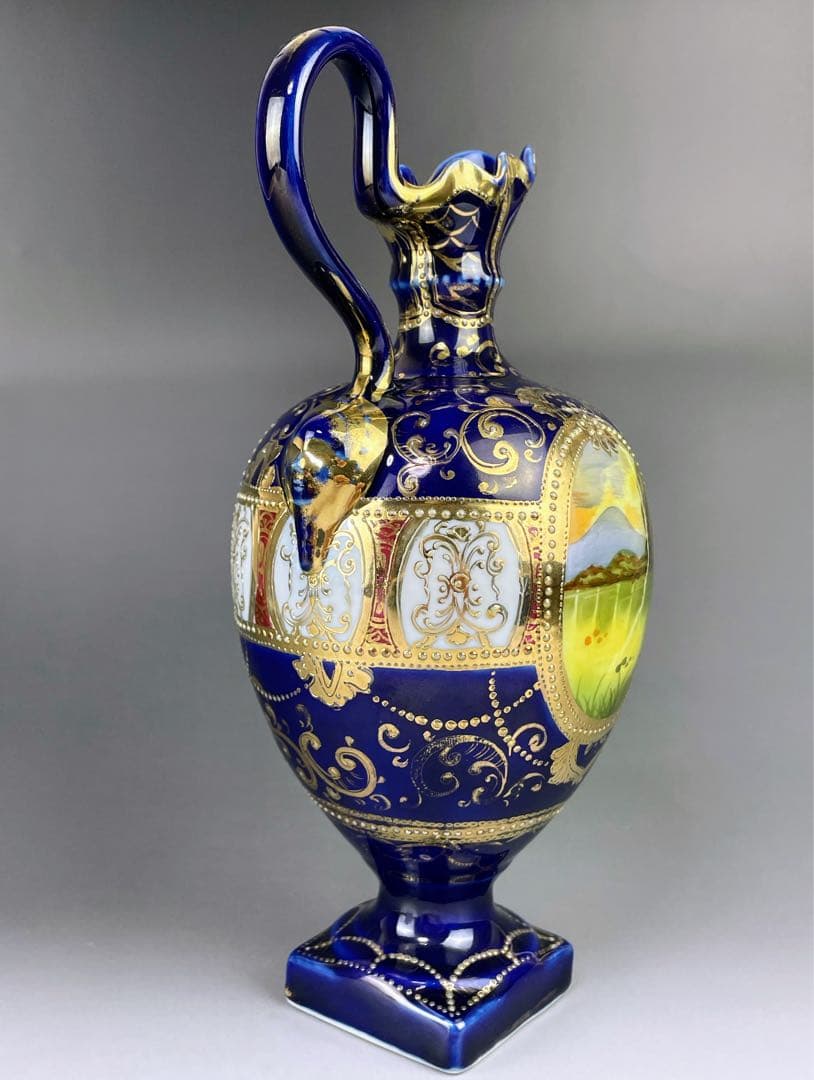 【希少】オールドニッポン ２５㎝ 瑠璃色風景紋スワン花瓶 ピッチャー 金盛り