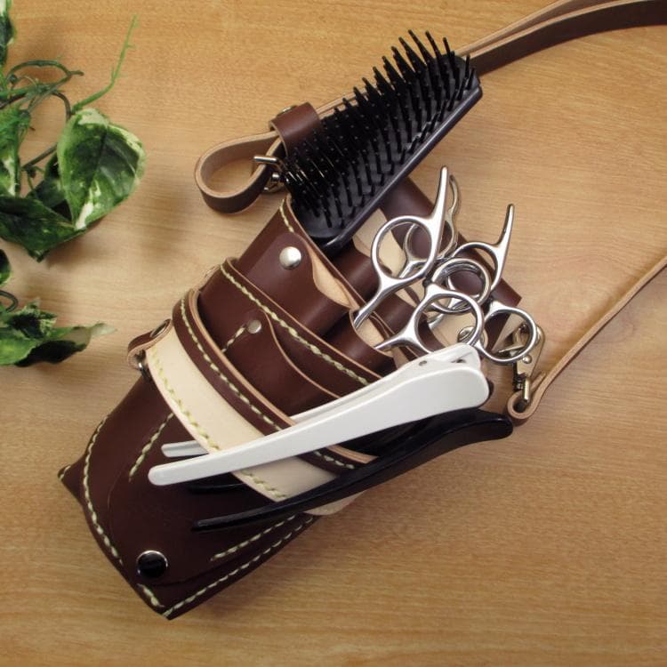 ブラウン＆ナチュラル　６丁　革ベルト付　本革シザーケース　SCL-158/CBA