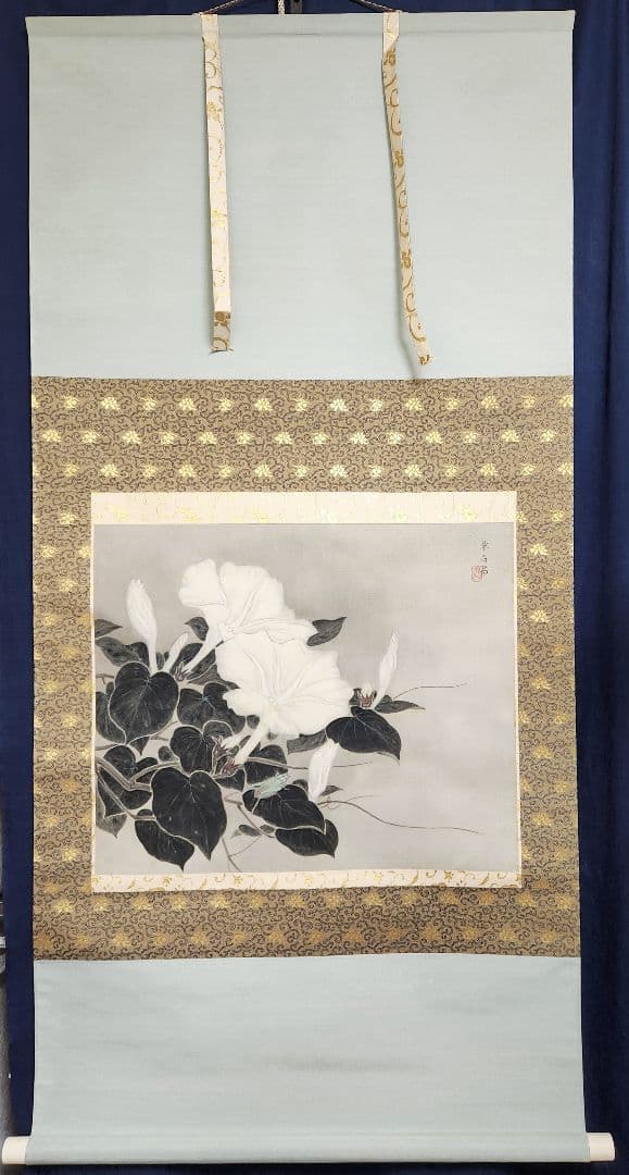 夕顔に虫図】川端皐白 2641 掛け軸 肉筆