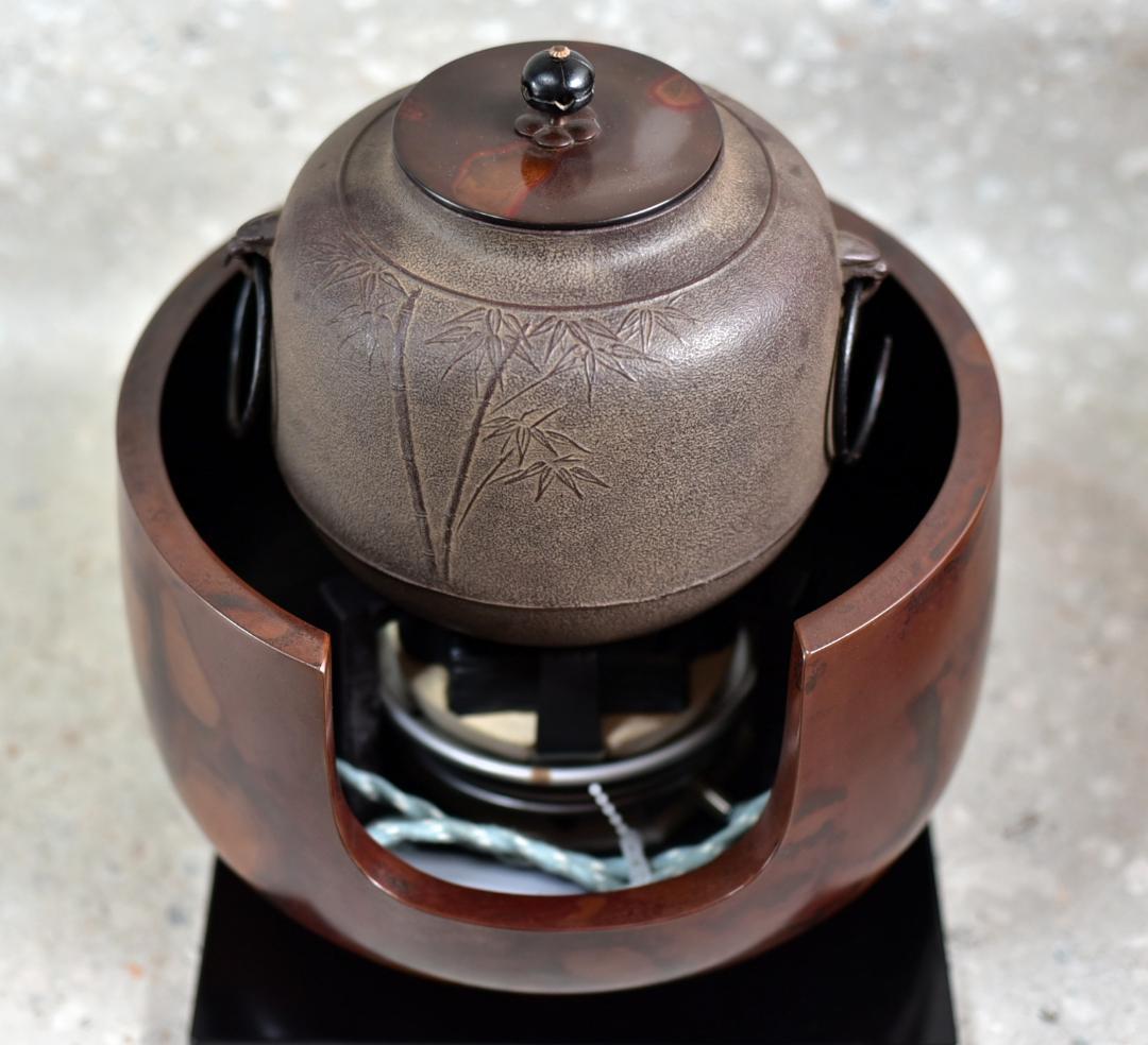 特価、唐銅風炉斑紫銅＆竹文茶釜、電熱器、五徳、敷板5点