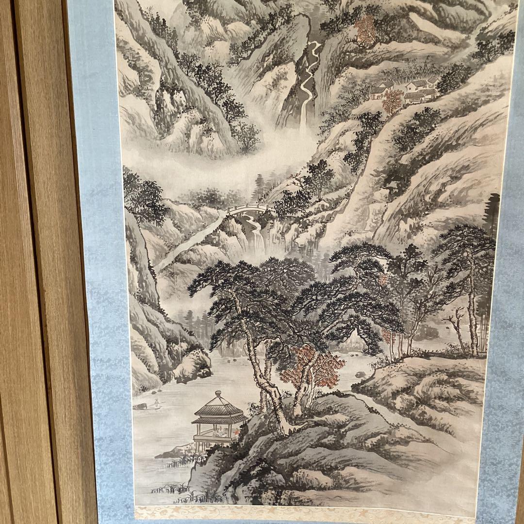 与謝蕪村 《 淡彩水墨画絹本掛軸 山水画 》 タトウ箱 肉筆画 模写 176