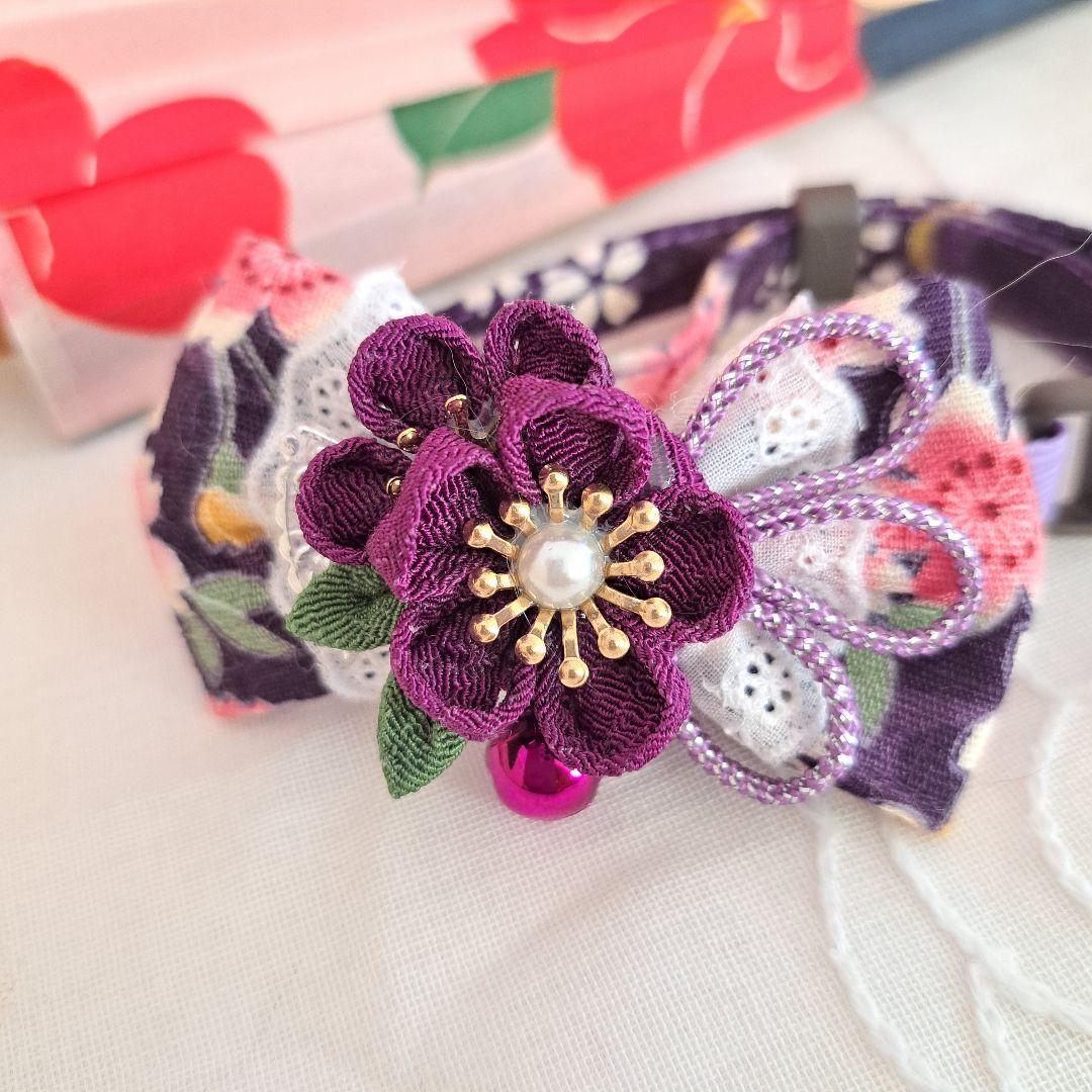 お正月、つまみ細工シングルリボン(紫③)わんちゃん猫ちゃん用首輪