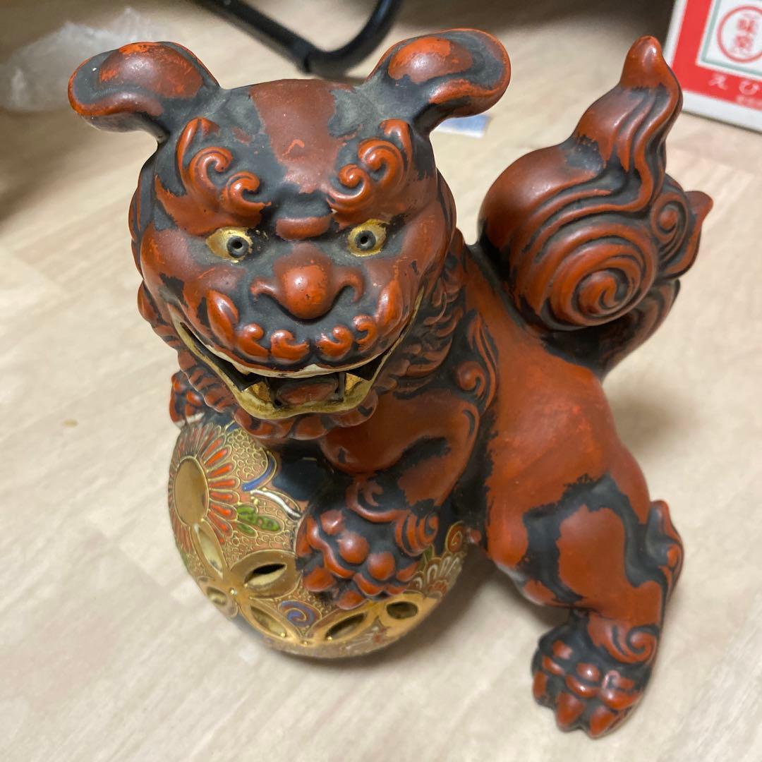 □九谷 玉乗り獅子/九谷焼 玉獅子 判 九谷 獅子 赤獅子 古董縁起物 置物