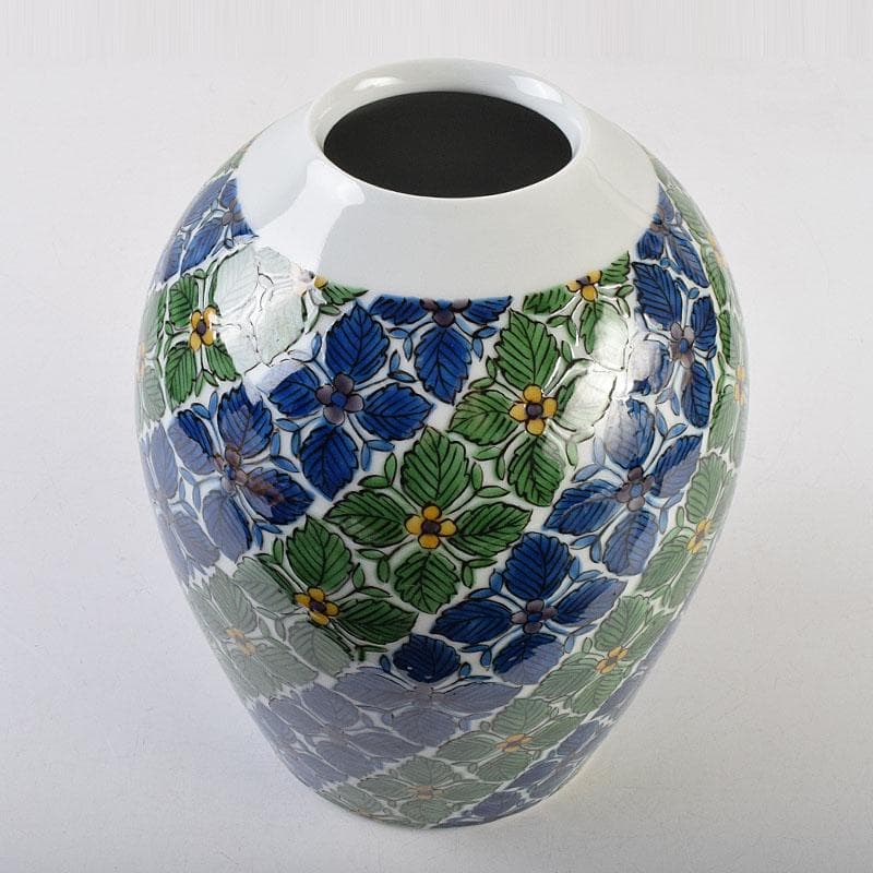 九谷焼　宮川哲爾造　色絵草花更紗文　壺　共箱　M　R9209B