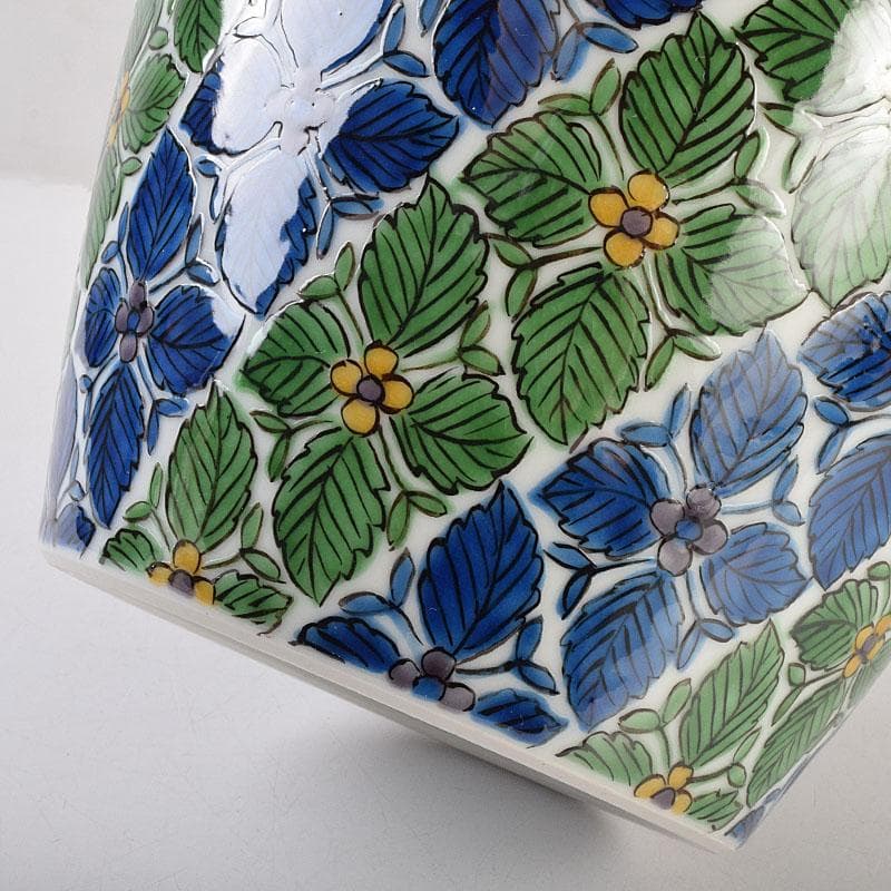 九谷焼　宮川哲爾造　色絵草花更紗文　壺　共箱　M　R9209B