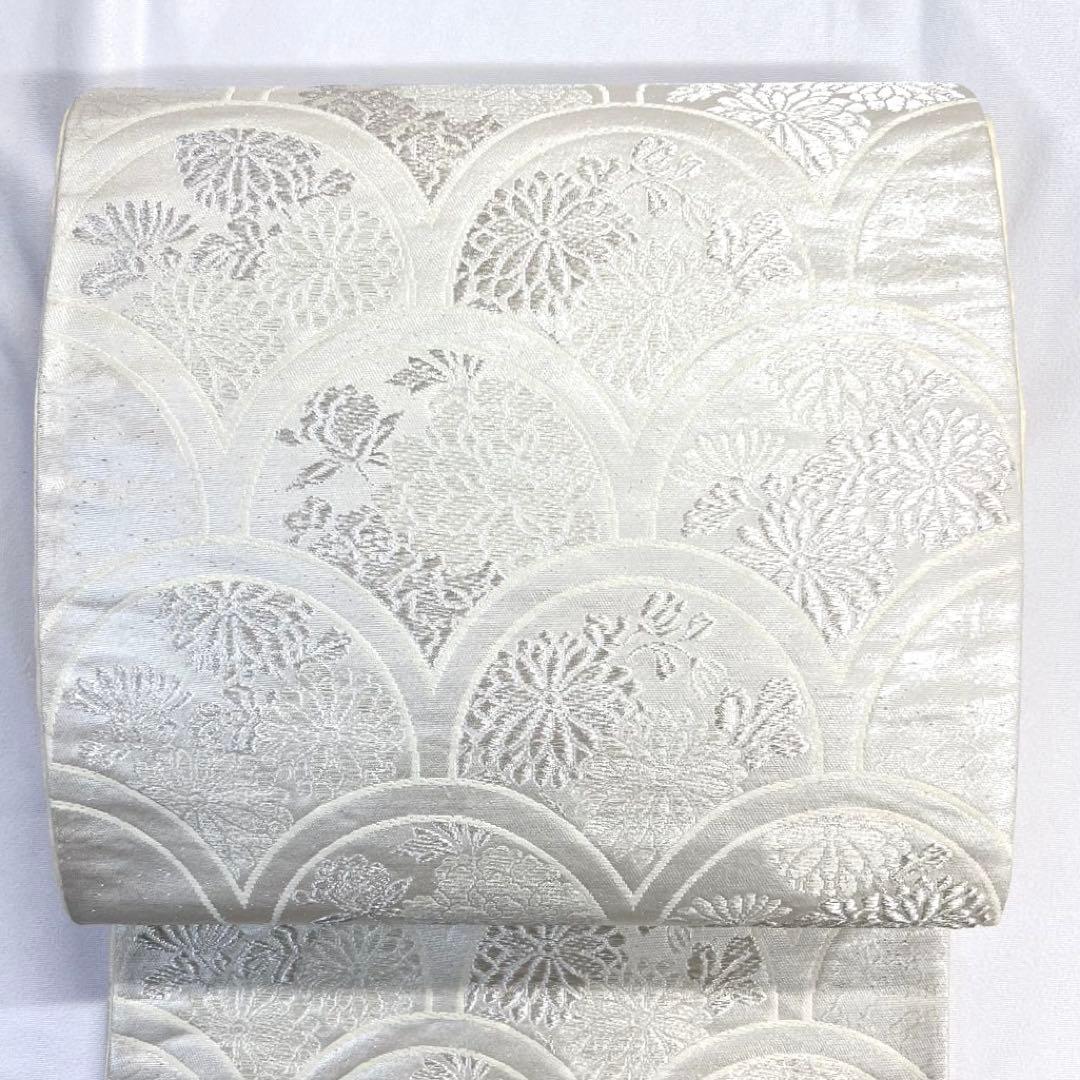 袋帯 青海波 菊花 牡丹 銀糸 シルバー 着物 帯 023k