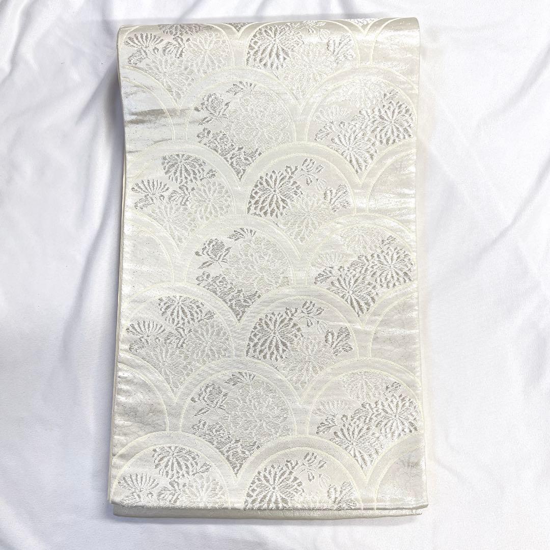 袋帯 青海波 菊花 牡丹 銀糸 シルバー 着物 帯 023k