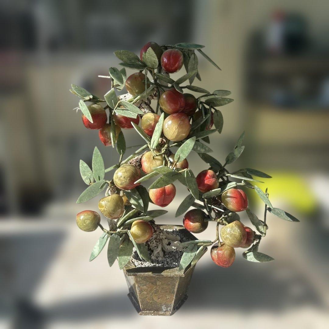 中国美術 桃樹玉石 桃木玉石盆栽 景泰藍 石細工彫刻 置物 縁起物