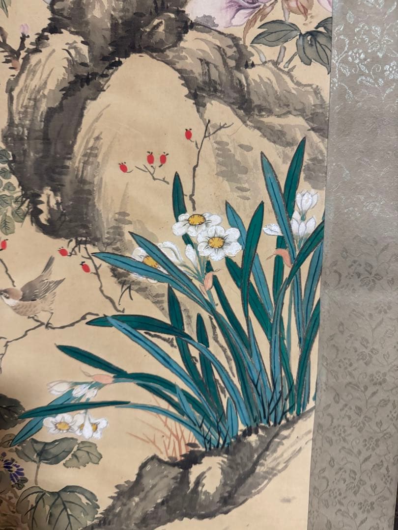 水墨画 鳥と花 署名入り 掛け軸