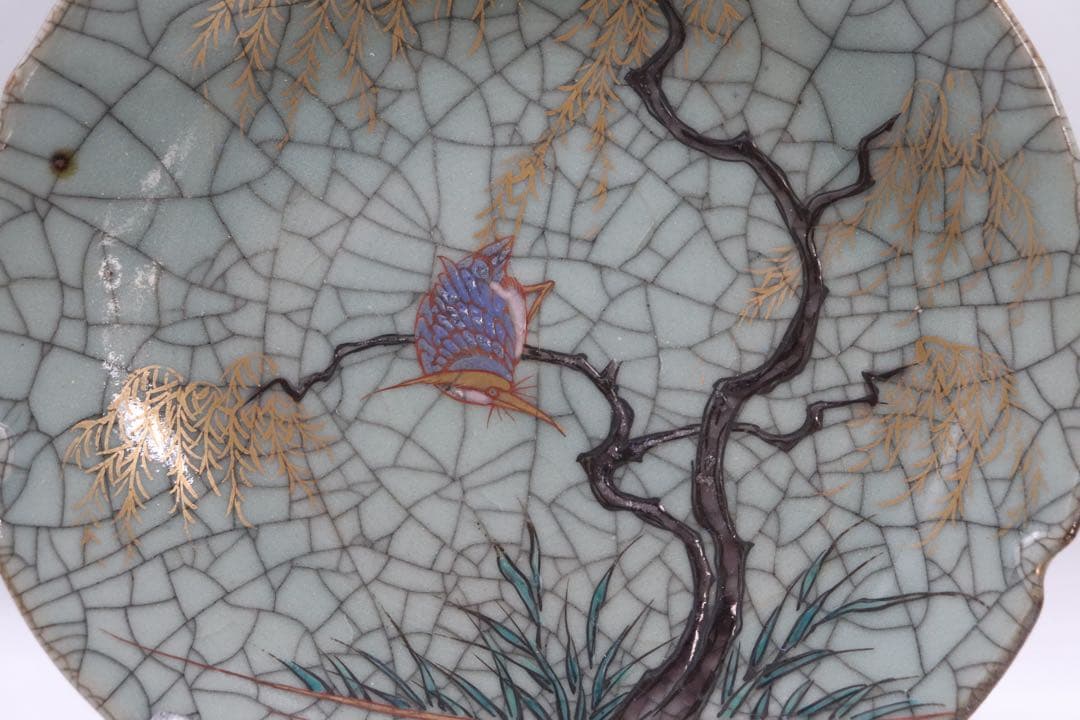 時代 ヒビ焼 水鳥紋大皿 アンティーク 送料込み250927