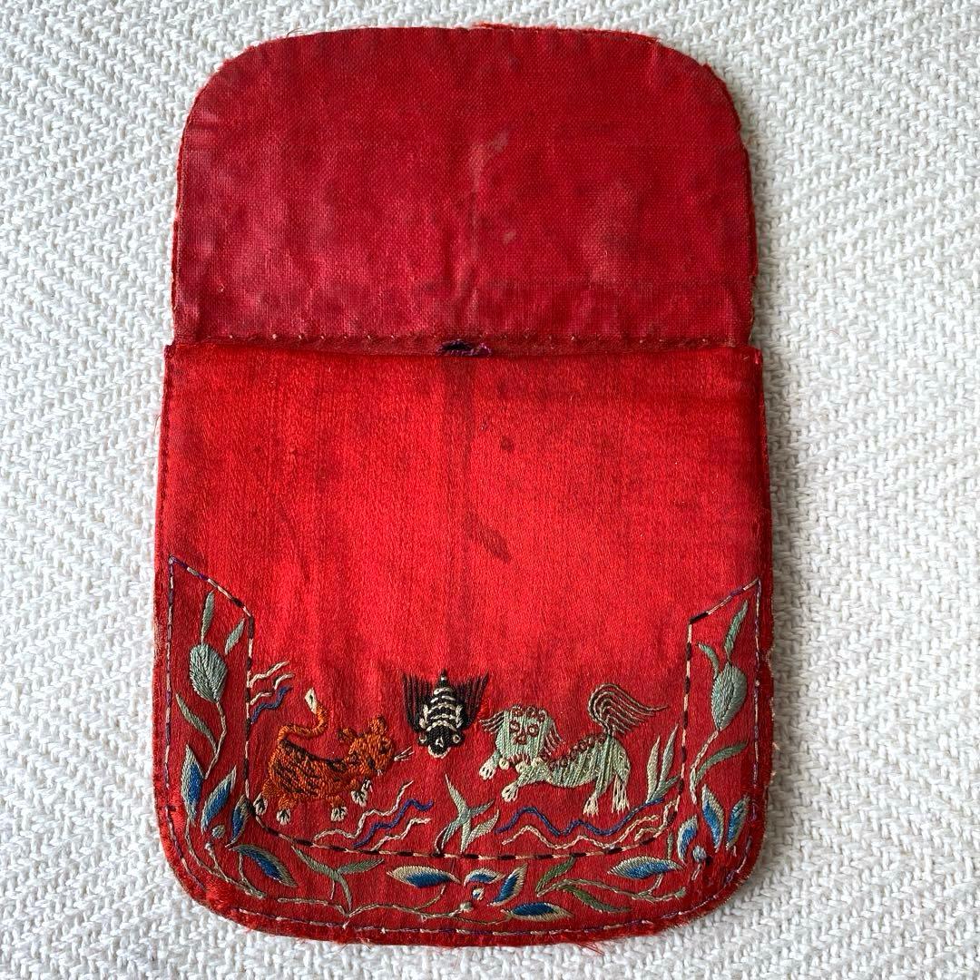 アンティーク シルクロード チャイナ チベット 赤シルク古刺繍 3口袋