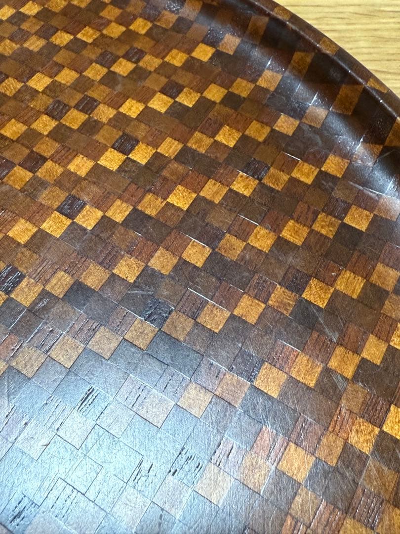 箱根細工 丸盆 市松模様 天然木 31センチ