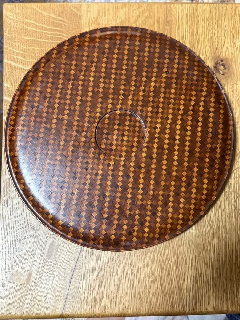 箱根細工 丸盆 市松模様 天然木 31センチ