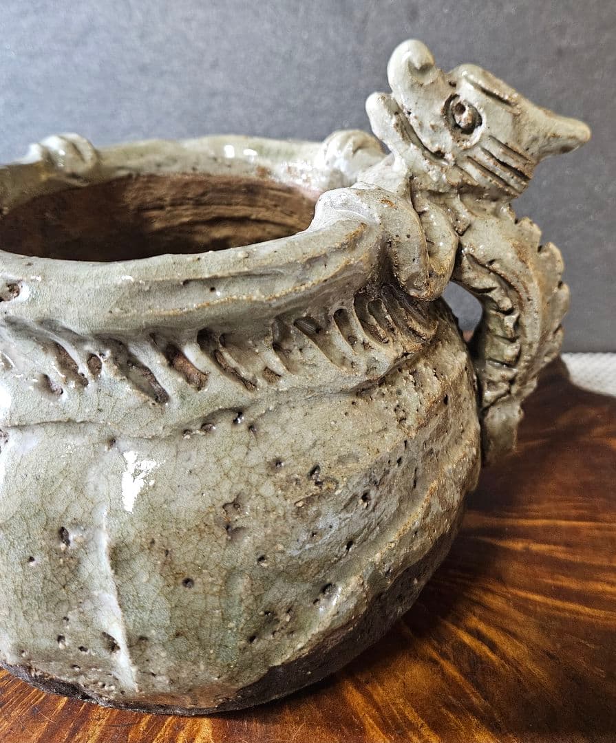 江戸後期～明治時代頃 古萬古 萬古在銘 双獣耳 灰釉 香炉