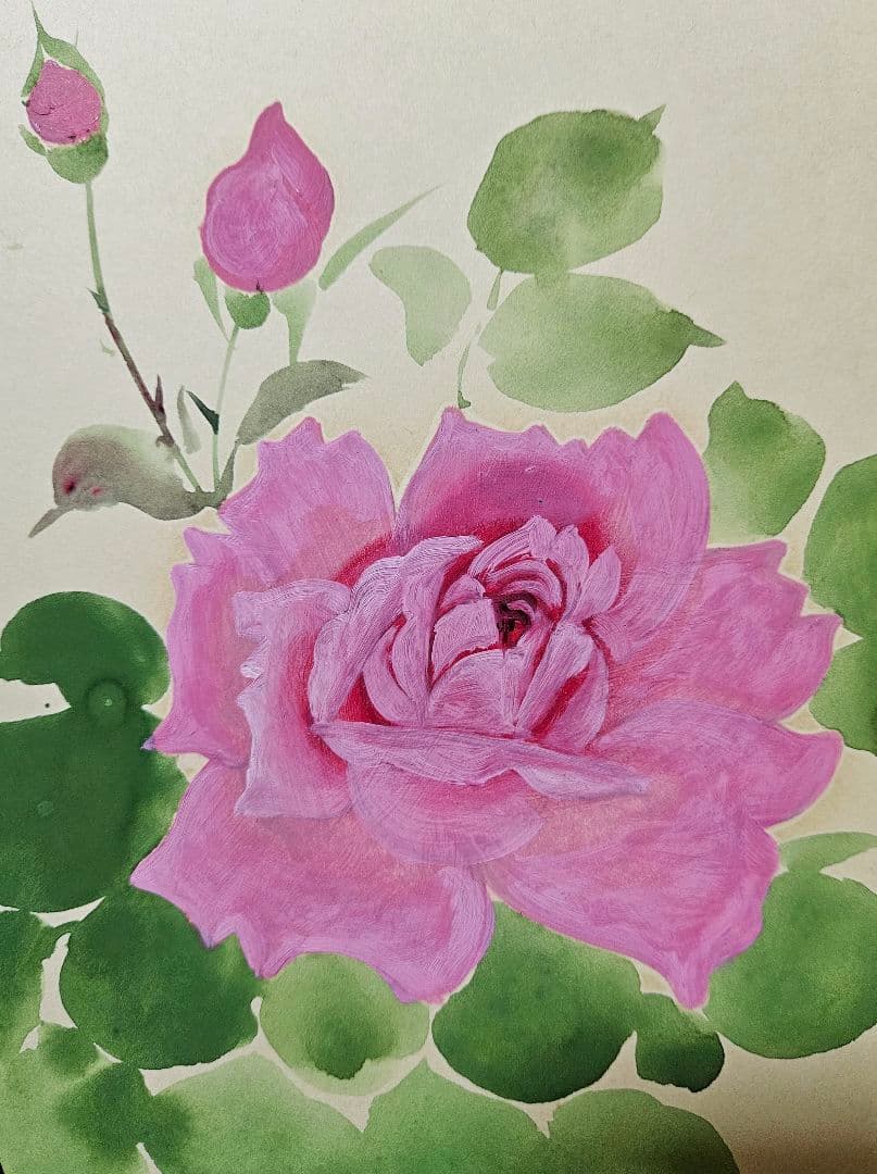 【真筆保証❗】新構造社会員　高野直一筆　色紙　水彩画　肉筆　題『ばら』額装