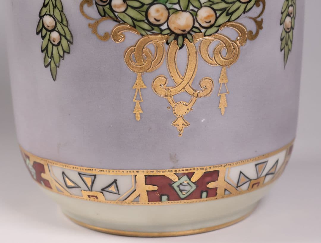 CM318】オールドノリタケ パネル風景 耳付 花瓶 金彩 金盛 明治