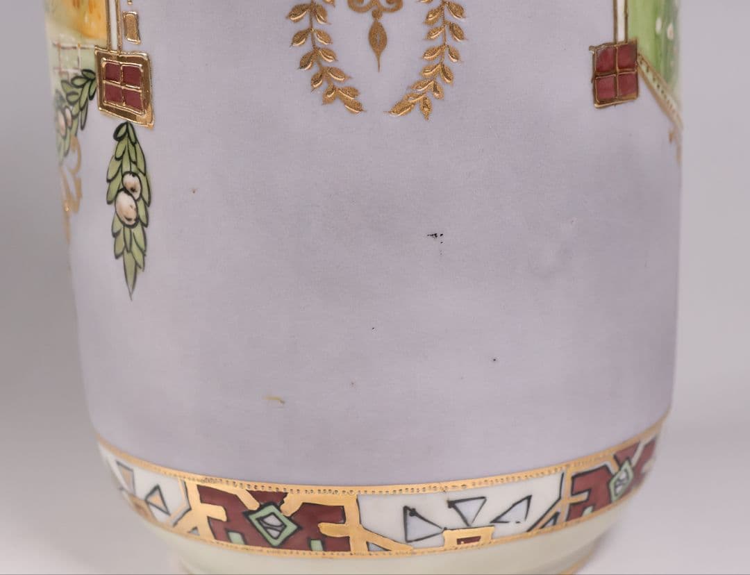 CM318】オールドノリタケ パネル風景 耳付 花瓶 金彩 金盛 明治