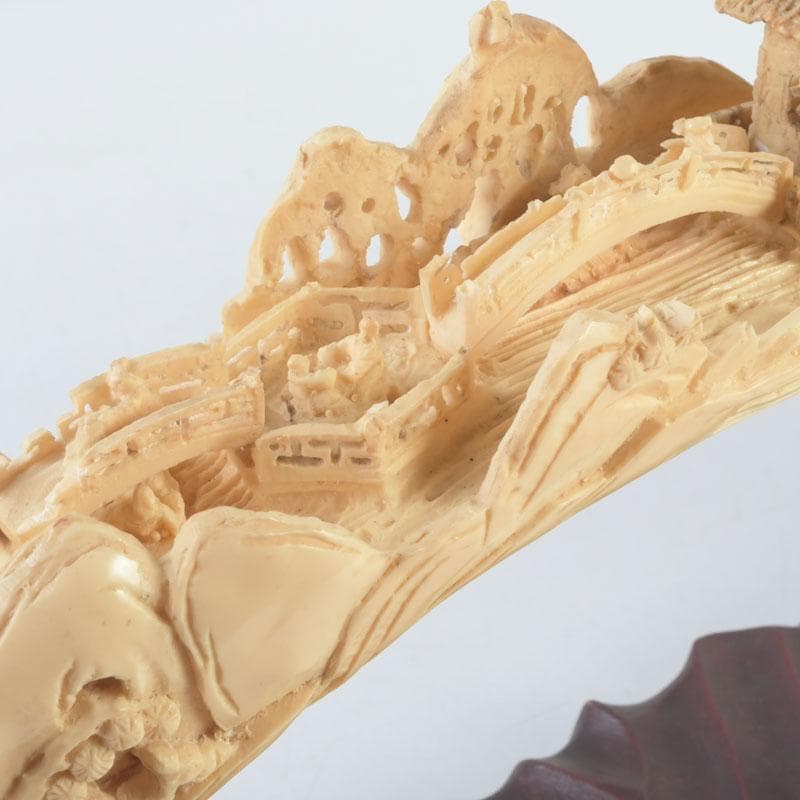 中国 河馬牙製 楼閣山水透かし雕 床飾 置物 唐木台付 V 9341