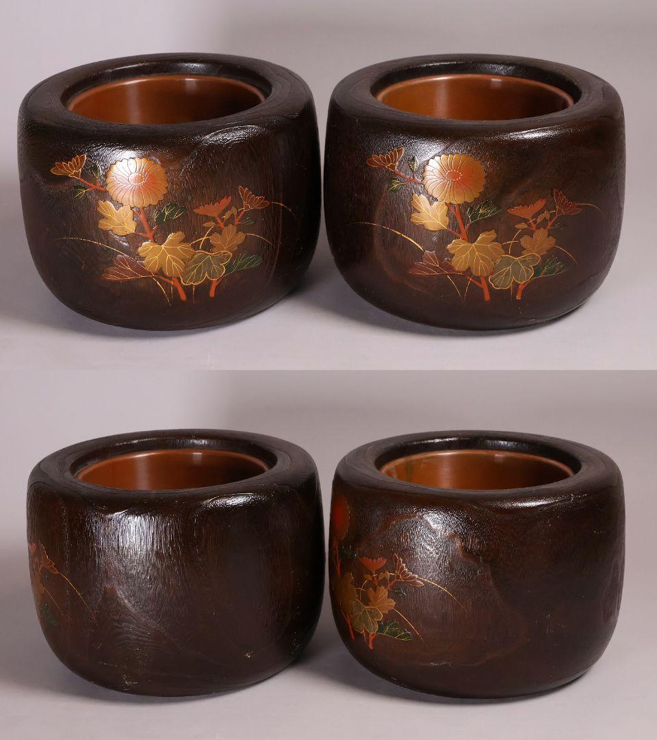 桐火鉢一対 菊蒔絵 草花 木箱入り 手あぶり 古民具 漆芸 茶道具【