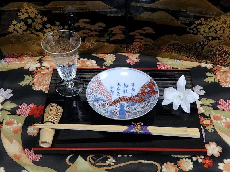 古伊万里　色絵　漢詩に竹笹の図　４寸皿　５枚　C723AS-CAm