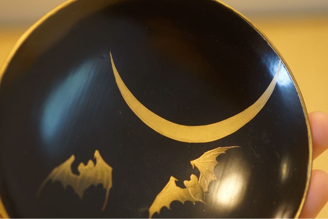 明治期 輪島塗 工房印有 三日月に蝙蝠蒔絵 溜塗 吸物椀 2客/木製漆器 茶懐石