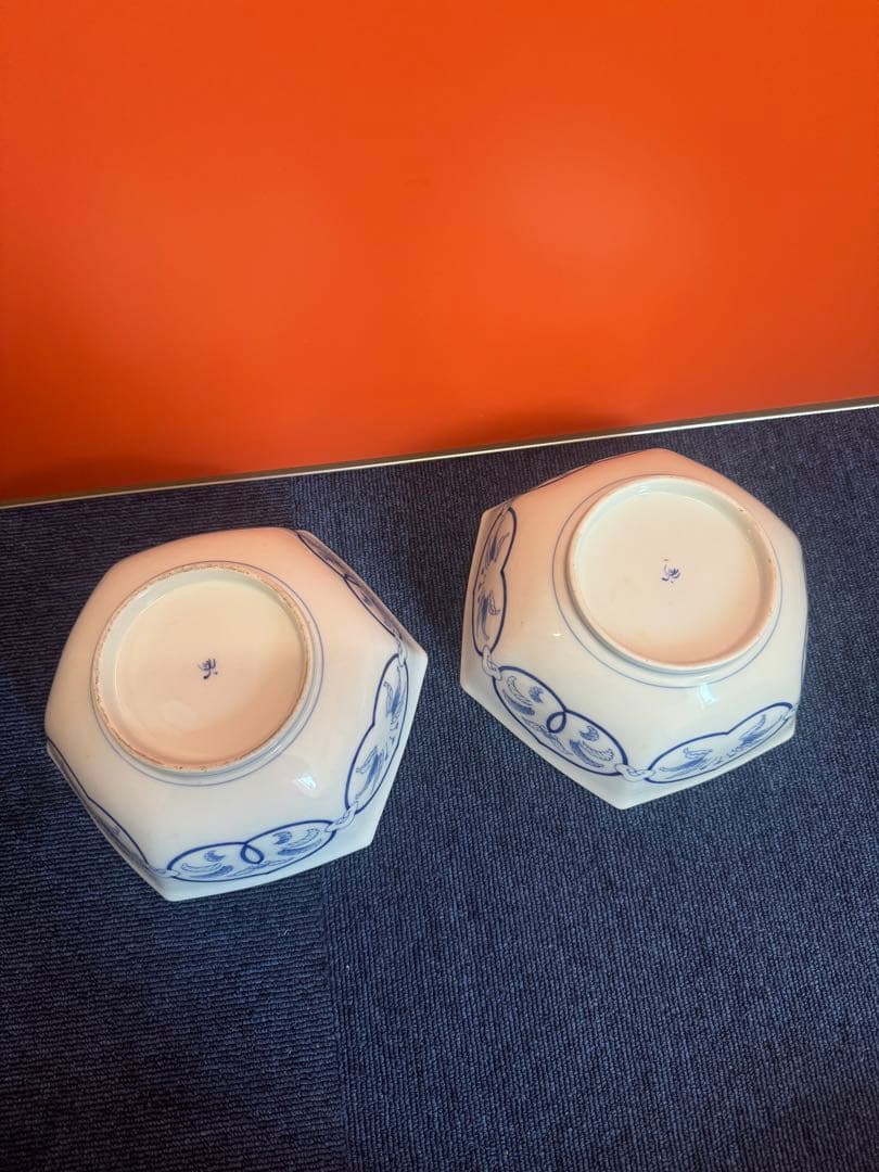 1885 香蘭社 染付鳳凰文 六角深鉢 2客 時代物