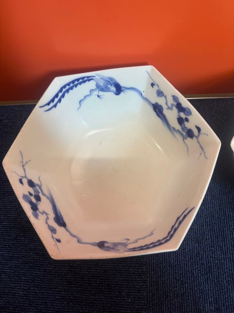 1885 香蘭社 染付鳳凰文 六角深鉢 2客 時代物