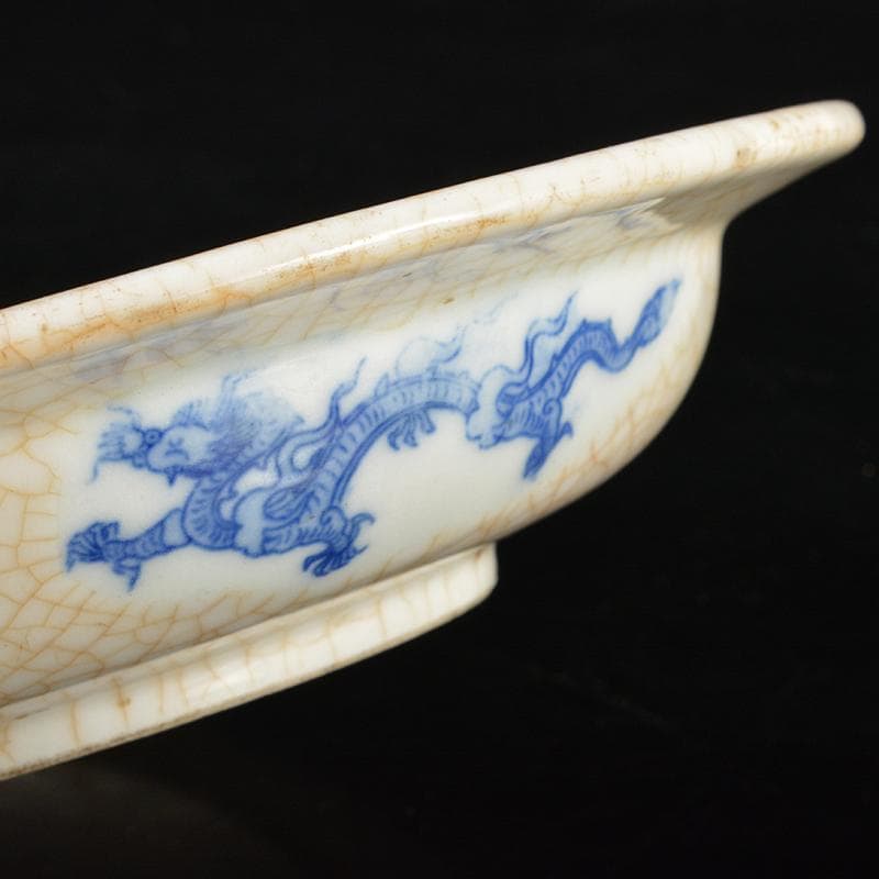 中国　乾隆年製款　哥窯　青花　漢詩鳥草龍氷裂文盤　皿　時代箱付　M　R6365